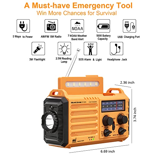 Emergency Radio 5-ways Powered Crank Solar Battery Operated Portable AM FM SW NOAA Weather Alert Radio with USB Charger,Camping Flashlight,Lamp,Headphone Jack,Compass,SOS Alarm,Best Survival Equipment