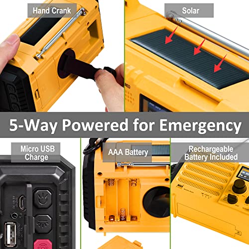 Emergency Radio 5-ways Powered Crank Solar Battery Operated Portable AM FM SW NOAA Weather Alert Radio with USB Charger,Camping Flashlight,Lamp,Headphone Jack,Compass,SOS Alarm,Best Survival Equipment