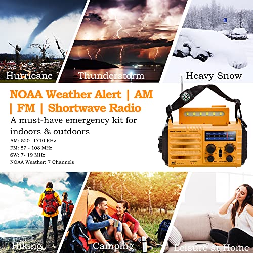 Emergency Radio 5-ways Powered Crank Solar Battery Operated Portable AM FM SW NOAA Weather Alert Radio with USB Charger,Camping Flashlight,Lamp,Headphone Jack,Compass,SOS Alarm,Best Survival Equipment