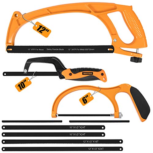 BEETRO Hacksaw Frame Set, 12ââ Hacksaw Frame, 6ââ Hacksaw Frame and 10'' Mini Hacksaw, Including Six Extra Blades, Handsaw for Metal, Wood, PVC Pipes