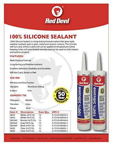Red Devil 0826 100% Silicone Sealant Architectural Grade, Silicone Architectural Grade RTV Sealant, A Water-Resistant Adhesive for Interior and Exterior Use, 9.8 oz. Tube, Clear, 1-Pack