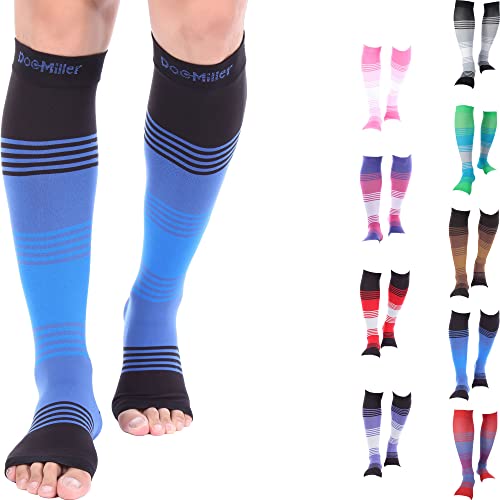 Doc Miller Open Toe Compression Socks Women and Men 20-30mmHg, Toeless Compression Socks Women, Support Shin Splints and Calf Recovery, Varicose Veins, 1 Pair Large Black Blue Blue Knee High