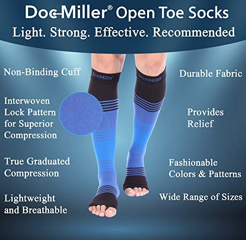 Doc Miller Open Toe Compression Socks Women and Men 20-30mmHg, Toeless Compression Socks Women, Support Shin Splints and Calf Recovery, Varicose Veins, 1 Pair Large Black Blue Blue Knee High