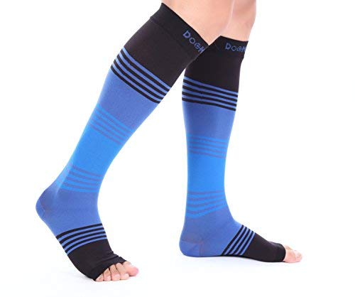Doc Miller Open Toe Compression Socks Women and Men 20-30mmHg, Toeless Compression Socks Women, Support Shin Splints and Calf Recovery, Varicose Veins, 1 Pair Large Black Blue Blue Knee High
