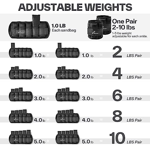 Sportneer Adjustable Ankle Weights 1 Pair 2 4 6 8 10 Lbs Leg Weight Straps for Women Men Kids, Weighted Ankle Weights Set for Gym,Fitness, Workout,Walking, Jogging,1-5 lbs Each Pack, 2 Pack 2-10 lbs