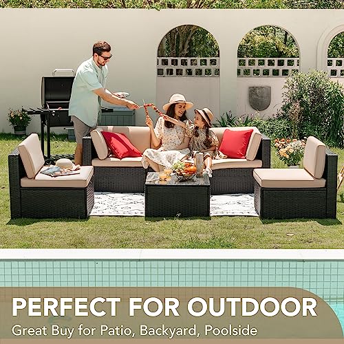 Devoko Patio Furniture Sets 6 Pieces Outdoor Sectional Rattan Sofa Manual Weaving Wicker Patio Conversation Set with Glass Table and Cushion (Beige)