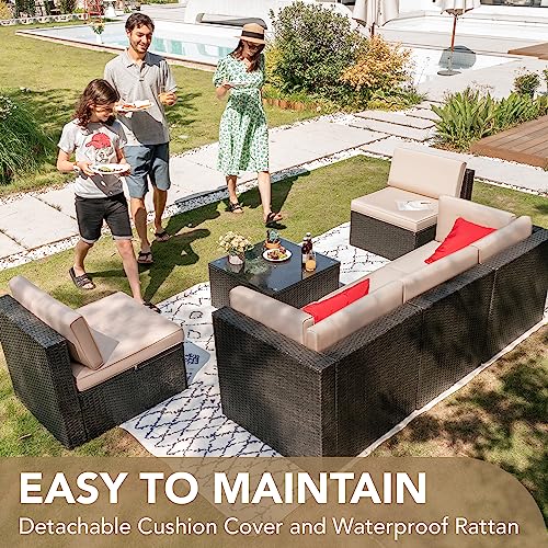 Devoko Patio Furniture Sets 6 Pieces Outdoor Sectional Rattan Sofa Manual Weaving Wicker Patio Conversation Set with Glass Table and Cushion (Beige)