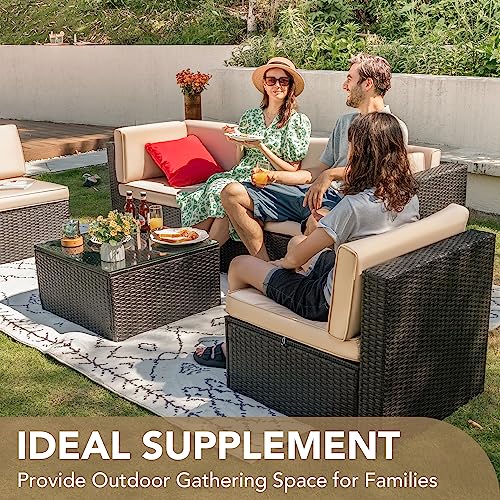 Devoko Patio Furniture Sets 6 Pieces Outdoor Sectional Rattan Sofa Manual Weaving Wicker Patio Conversation Set with Glass Table and Cushion (Beige)