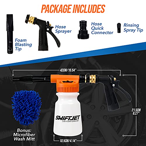 SwiftJet Car Wash Foam Gun Sprayer + Microfiber Wash Mitt - Car Wash Kit - Foam Cannon Garden Hose - Spray Foam Gun Cleaner - Car Foam Sprayer - Car Washing Kit - Snow Foam Blaster