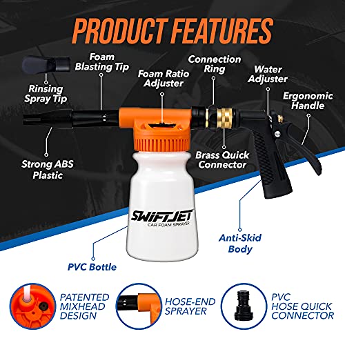 SwiftJet Car Wash Foam Gun Sprayer + Microfiber Wash Mitt - Car Wash Kit - Foam Cannon Garden Hose - Spray Foam Gun Cleaner - Car Foam Sprayer - Car Washing Kit - Snow Foam Blaster