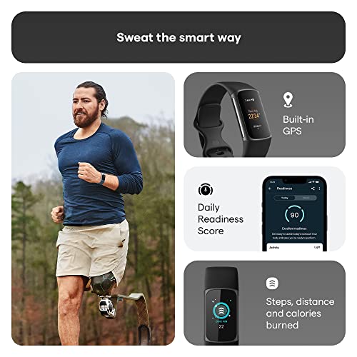 Fitbit Charge 5 Advanced Fitness & Health Tracker with Built-in GPS, Stress Management Tools, Sleep Tracking, 24/7 Heart Rate and More, Black/Graphite, One Size (S &L Bands Included)