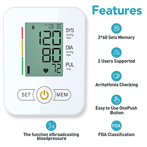 Blood Pressure Monitor, Blood Pressure Machine Extra Large Cuff Upper Arm, BP Cuff Automatic Upper Arm, with 22-42 cm Wide-Range Large Cuff 60 Groups Reading Memory for Home Useï¼Whiteï¼