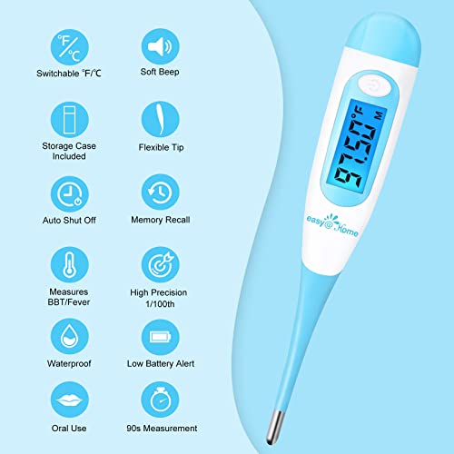 Easy@Home Digital Basal Thermometer with Blue Backlight LCD Display, 1/100th Degree High Precision and Memory Recall, NOT Bluetooth Enabled, Upgraded EBT-100B(Blue)
