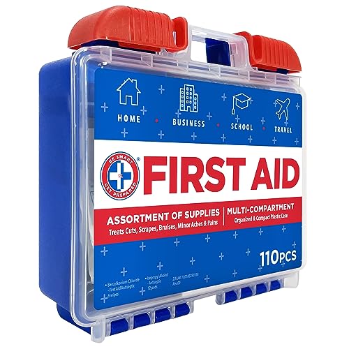 Be Smart Get Prepared 110 Piece First Aid Kit: Clean, Treat, Protect Minor Cuts, Scrapes. Home, Office, Car, School, Business, Travel, Emergency, Survival, Hunting, Outdoor, Camping & Sports