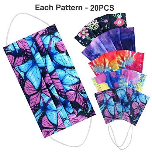 100 Pcs Disposable Face Masks - 3-layer Breathable Safety Masks, Comfortable Protective Mouth Cover with Nose Clip (Black Butterfly)