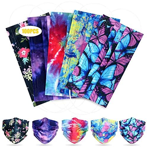 100 Pcs Disposable Face Masks - 3-layer Breathable Safety Masks, Comfortable Protective Mouth Cover with Nose Clip (Black Butterfly)