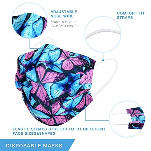 100 Pcs Disposable Face Masks - 3-layer Breathable Safety Masks, Comfortable Protective Mouth Cover with Nose Clip (Black Butterfly)