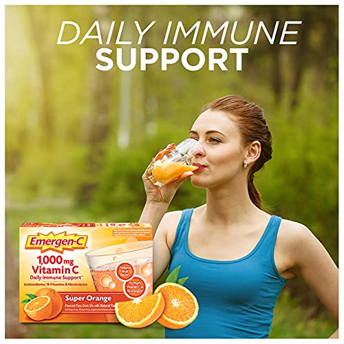 Emergen-C 1000mg Vitamin C Powder for Daily Immune Support Caffeine Free Vitamin C Supplements with Zinc and Manganese, B Vitamins and Electrolytes, Super Orange Flavor - 60 Count/2 Month Supply