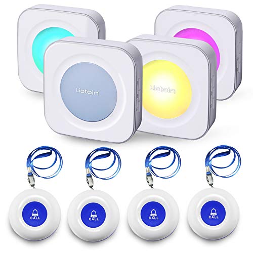 LIOTOIN Wireless Caregiver Pager Call Button Nurse Alert System Call Bell for Home/Elderly/Patients/Disabled 4 Transmitters 4 Plugin Receivers (with Color Light Flashing Reminder)