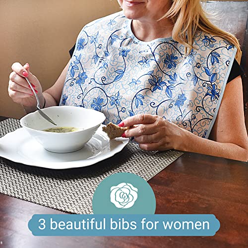 3 Pack Adult Bibs for Eating with Crumb Catcher by Celley - Washable and Reusable Clothing Protectors for Elderly Women
