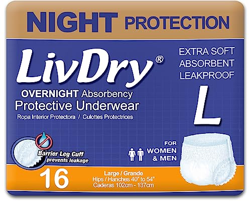 LivDry Adult L Incontinence Underwear, Overnight Comfort Absorbency, Leak Protection, Large, 16-Pack