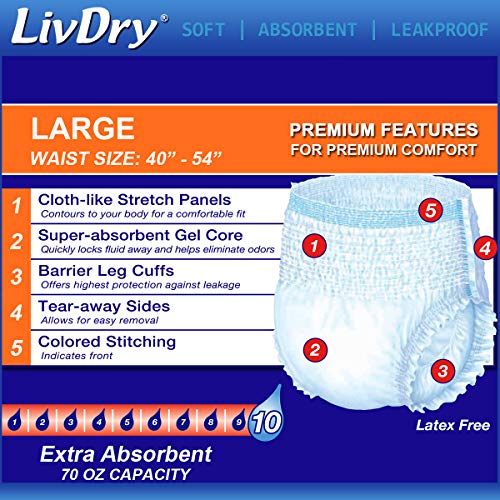 LivDry Adult L Incontinence Underwear, Overnight Comfort Absorbency, Leak Protection, Large, 16-Pack