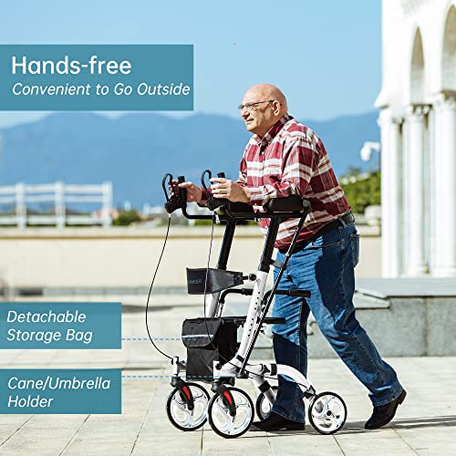 ELENKER Upright Walker, Stand Up Folding Rollator Walker Back Erect Rolling Mobility Walking Aid with Seat, Padded Armrests for Seniors and Adults, White