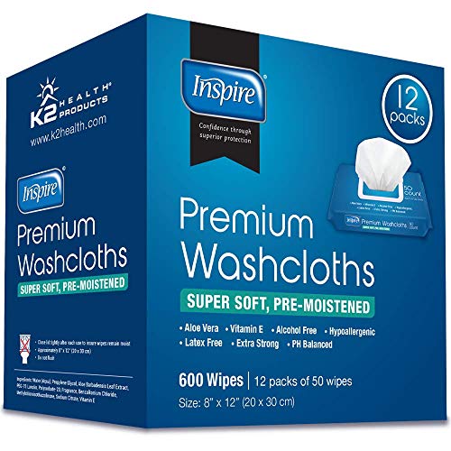 Inspire Adult Wet Wipes Adult Wash Cloths, Adult Wipes for Incontinence & Cleansing, 8"x12" 600 Count 12 packs of 50
