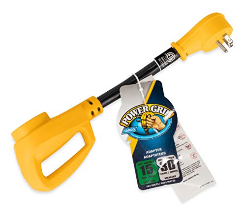 Camco Heavy-Duty Electrical Dogbone Adapter with PowerGrip Handle, 15 Amp Male to 30 Amp Female, 12 Inches (55165) , Black