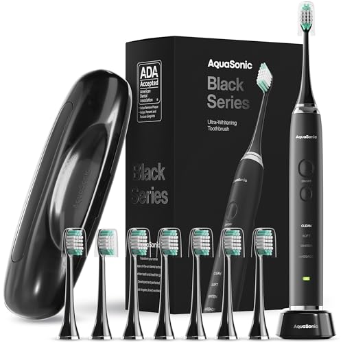 AquaSonic Black Series Ultra Whitening Toothbrush â ADA Accepted Electric Toothbrush - 8 Brush Heads & Travel Case - Ultra Sonic Motor & Wireless Charging - 4 Modes w Smart Timer - Sonic Electric