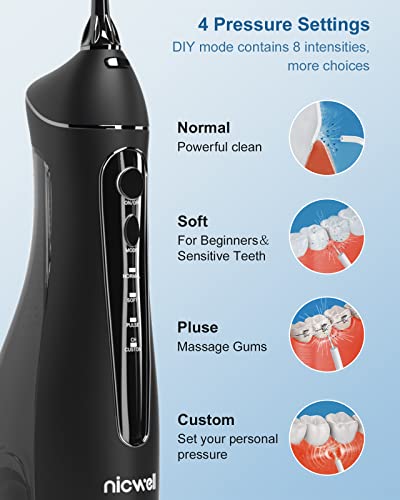 Water Dental Flosser Cordless for Teeth - Nicwell 4 Modes Dental Oral Irrigator, Portable and Rechargeable IPX7 Waterproof Powerful Battery Life Water Teeth Cleaner Picks for Home Travel