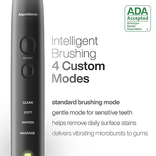 AquaSonic Black Series Ultra Whitening Toothbrush â ADA Accepted Electric Toothbrush - 8 Brush Heads & Travel Case - Ultra Sonic Motor & Wireless Charging - 4 Modes w Smart Timer - Sonic Electric