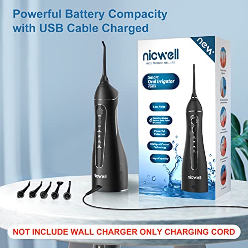 Water Dental Flosser Cordless for Teeth - Nicwell 4 Modes Dental Oral Irrigator, Portable and Rechargeable IPX7 Waterproof Powerful Battery Life Water Teeth Cleaner Picks for Home Travel