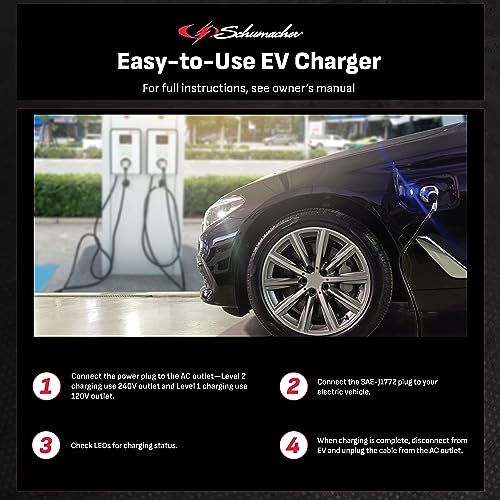 Schumacher SC1455 Level 1 and Level 2 Portable EV Charger â Up to 16A, Works with 120V or 240V Outlets, 28-foot Charging Cable, Charge EVs 3X Faster