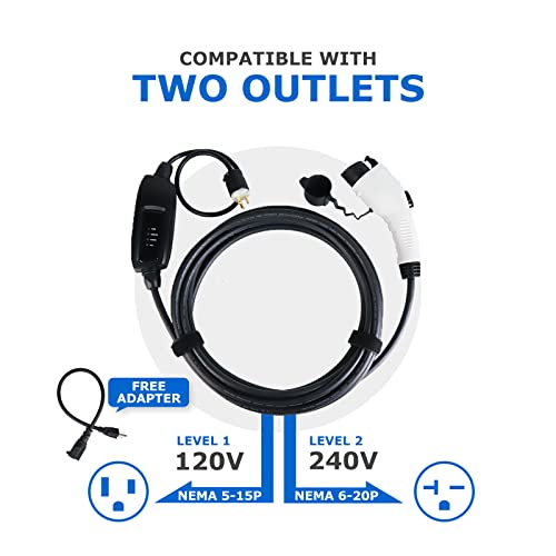 BougeRV Level 1-2 EV Charger, 110V-240V 16Amp 25 Feet Charging Cable with NEMA6-20 Plug & NEMA 5-15 Adapter, Portable EVSE Electric Vehicle Charger