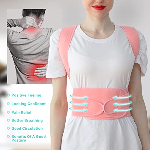 Posture Corrector for Women and Men, Adjustable Breathable Back Straightener, Upper Back Brace for Clavicle Support and Providing Pain Relief from Neck, Back & Shoulder Pink M
