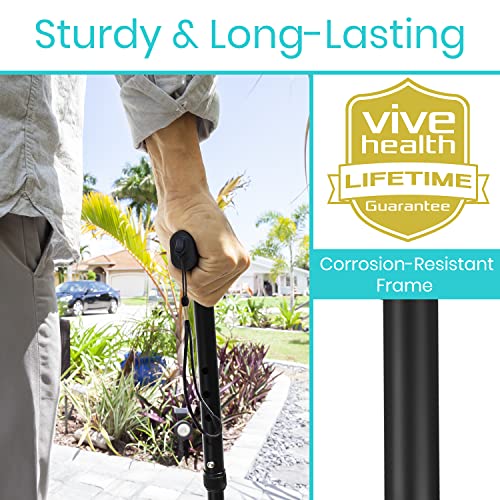 Vive Folding Cane - Foldable Walking Cane for Men, Women - Fold-up, Collapsible, Lightweight, Adjustable, Portable Hand Walking Stick - Balancing Mobility Aid - Sleek, Comfortable T Handles (Black)