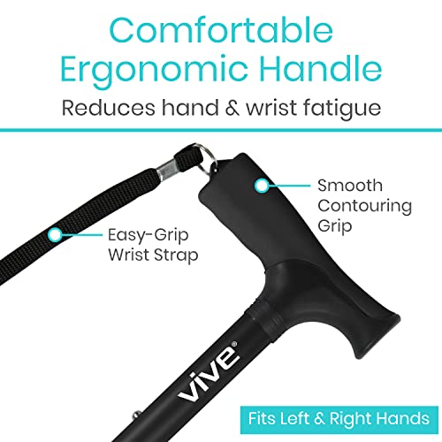 Vive Folding Cane - Foldable Walking Cane for Men, Women - Fold-up, Collapsible, Lightweight, Adjustable, Portable Hand Walking Stick - Balancing Mobility Aid - Sleek, Comfortable T Handles (Black)