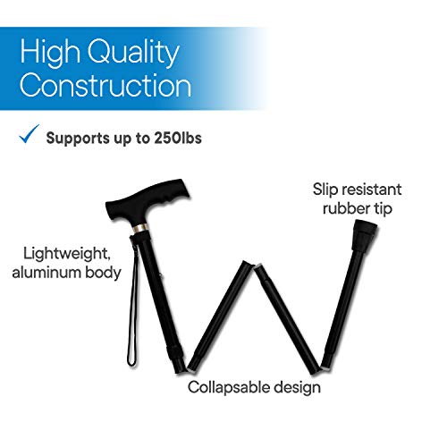 RMS Folding Cane - Foldable, Adjustable, Lightweight Aluminum Offset Walking Cane - Collapsible Walking Stick with Ergonomic Derby Handle - Ideal Daily Living Aid for Limited Mobility (Black)