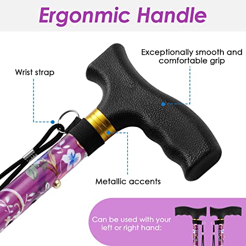 Walking Cane PANZHENG Cane for Man/Woman | Mobility & Daily Living Aids | 5-Level Height Adjustable Walking Stick | Comfortable Plastic T-Handle Portable Walking Stick Folding Cane | Purple Print