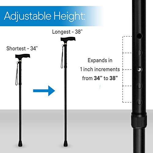 RMS Folding Cane - Foldable, Adjustable, Lightweight Aluminum Offset Walking Cane - Collapsible Walking Stick with Ergonomic Derby Handle - Ideal Daily Living Aid for Limited Mobility (Black)