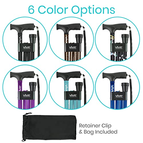 Vive Folding Cane - Foldable Walking Cane for Men, Women - Fold-up, Collapsible, Lightweight, Adjustable, Portable Hand Walking Stick - Balancing Mobility Aid - Sleek, Comfortable T Handles (Black)