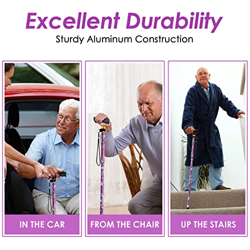 Walking Cane PANZHENG Cane for Man/Woman | Mobility & Daily Living Aids | 5-Level Height Adjustable Walking Stick | Comfortable Plastic T-Handle Portable Walking Stick Folding Cane | Purple Print