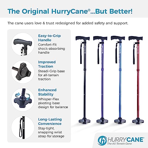 HurryCane HCANE-BK-C2 Freedom Edition Foldable Walking Cane with T Handle, Original Black
