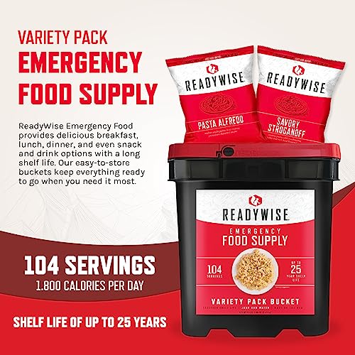 ReadyWise Emergency Food Supply, Freeze-Dried Survival-Food Disaster Kit for Hurricane Preparedness, Camping Food, Prepper Supplies, Emergency Supplies Variety Pack, 25-Year Shelf Life, Breakfast, Lunch, Dinner, Drinks and Snacks, 104 Servings