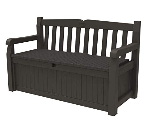Keter Solana 70 Gallon Storage Bench Deck Box for Patio Furniture, Front Porch Decor and Outdoor Seating â Perfect to Store Garden Tools and Pool Toys, Brown