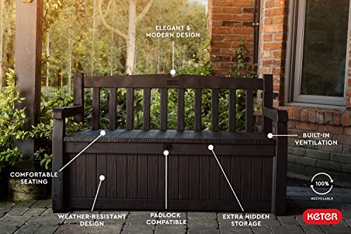 Keter Solana 70 Gallon Storage Bench Deck Box for Patio Furniture, Front Porch Decor and Outdoor Seating â Perfect to Store Garden Tools and Pool Toys, Brown