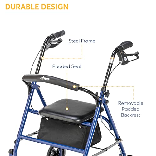 Drive Medical 10257BL-1 4-Wheel Rollator Walker With Seat & Removable Back Support, Blue