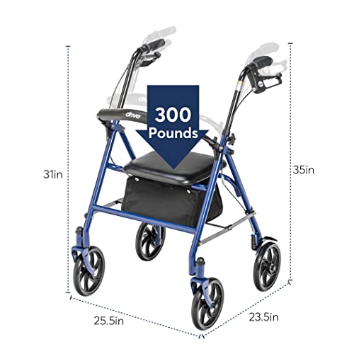 Drive Medical 10257BL-1 4-Wheel Rollator Walker With Seat & Removable Back Support, Blue