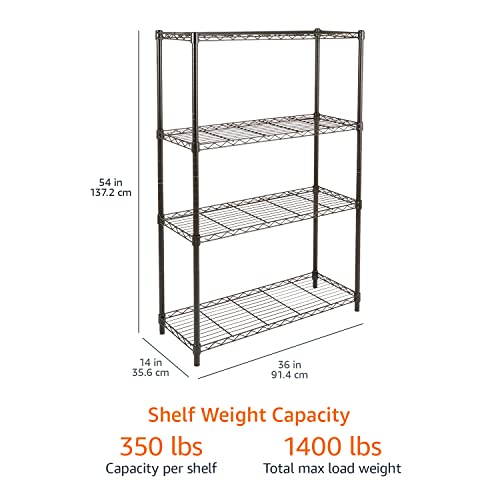 Amazon Basics 4-Shelf Adjustable, Heavy Duty Storage Shelving Unit (350 lbs loading capacity per shelf), Steel Organizer Wire Rack, Black (36L x 14W x 54H)